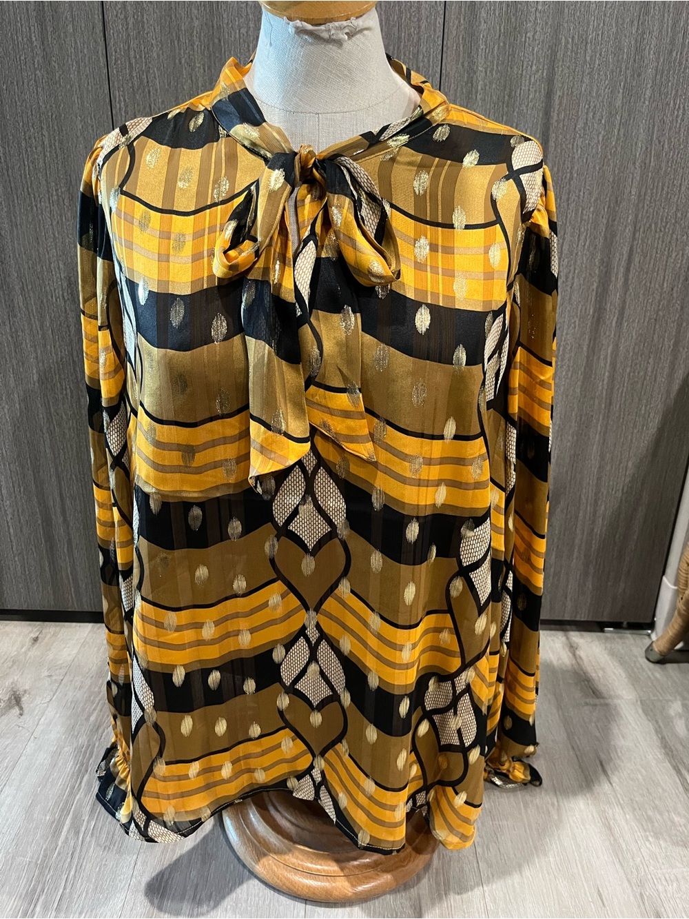 Joie Yellow Black Patterned Tie-Neck Blouse